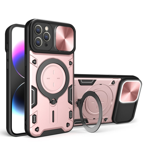iPhone 13 Pro CD Texture Sliding Camshield Magnetic Holder Phone Case - Pink