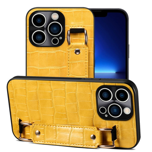 iPhone 13 Pro Crocodile Wristband Wallet Leather Back Cover Phone Case - Yellow
