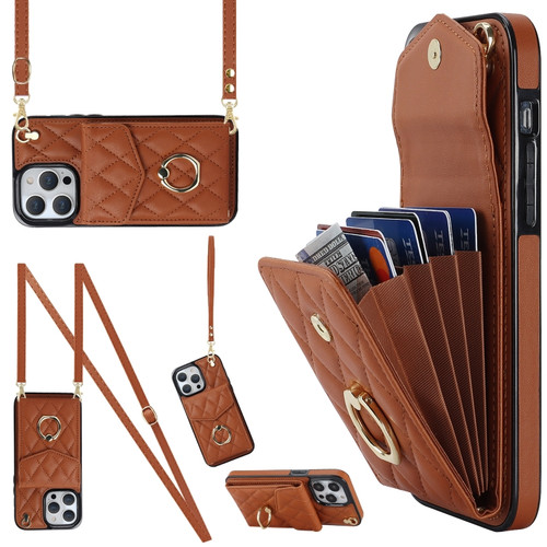 iPhone 13 Pro Rhombic Texture Card Bag Phone Case with Long Lanyard - Brown