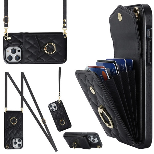 iPhone 13 Pro Rhombic Texture Card Bag Phone Case with Long Lanyard - Black