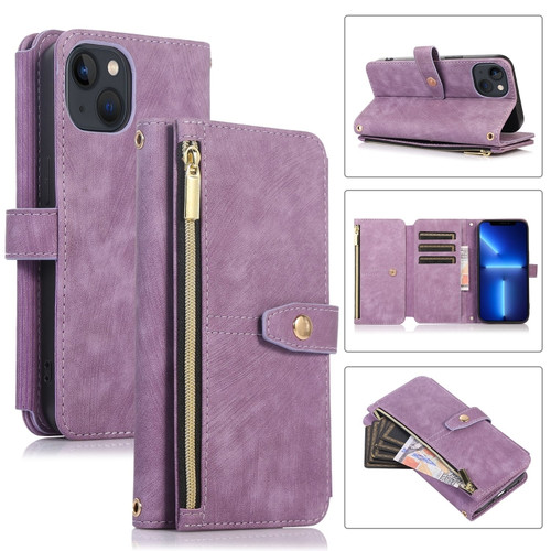 iPhone 13 Dream 9-Card Wallet Zipper Bag Leather Phone Case - Purple