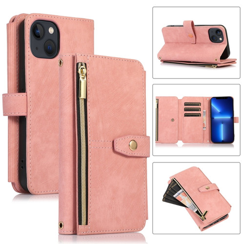 iPhone 13 Dream 9-Card Wallet Zipper Bag Leather Phone Case - Pink