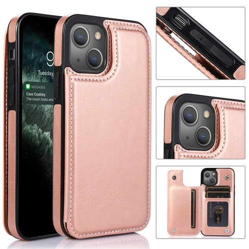 iPhone 13 Double Buckle Shockproof PU Protective Case with Card Slots & Holder - Rose Gold