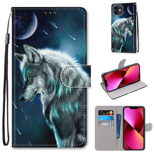 iPhone 13 Coloured Drawing Cross Texture Horizontal Flip PU Leather Case with Holder & Card Slots & Wallet & Lanyard - Contemplative Wolf