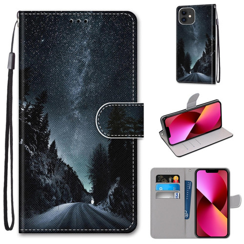 iPhone 13 Coloured Drawing Cross Texture Horizontal Flip PU Leather Case with Holder & Card Slots & Wallet & Lanyard - Mountain Road Starry Sky