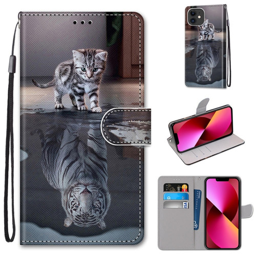 iPhone 13 Coloured Drawing Cross Texture Horizontal Flip PU Leather Case with Holder & Card Slots & Wallet & Lanyard - Cat Becomes Tiger