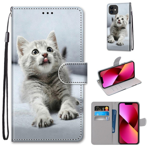 iPhone 13 Coloured Drawing Cross Texture Horizontal Flip PU Leather Case with Holder & Card Slots & Wallet & Lanyard - Small Gray Cat