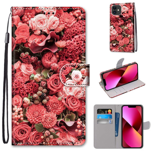 iPhone 13 Coloured Drawing Cross Texture Horizontal Flip PU Leather Case with Holder & Card Slots & Wallet & Lanyard - Pink Rose Garden