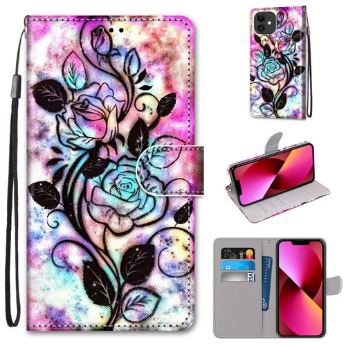 iPhone 13 Coloured Drawing Cross Texture Horizontal Flip PU Leather Case with Holder & Card Slots & Wallet & Lanyard - Color Background Hollow Flower