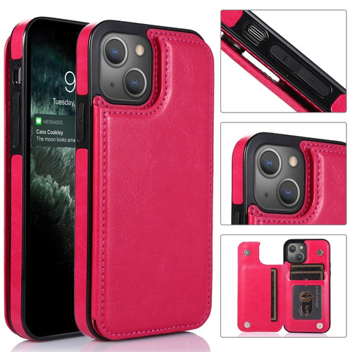 iPhone 13 Double Buckle Shockproof PU Protective Case with Card Slots & Holder - Rose Red