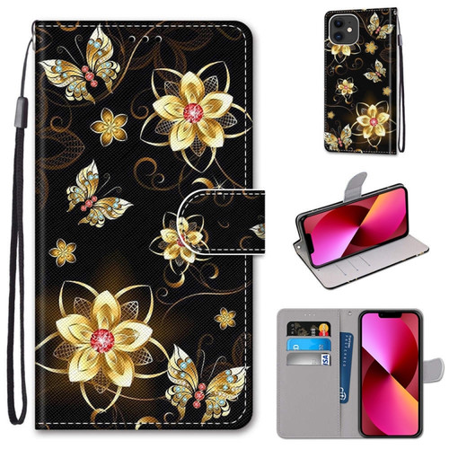 iPhone 13 Coloured Drawing Cross Texture Horizontal Flip PU Leather Case with Holder & Card Slots & Wallet & Lanyard - Gold Diamond Butterfly