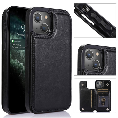 iPhone 13 Double Buckle Shockproof PU Protective Case with Card Slots & Holder - Black