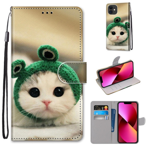 iPhone 13 Coloured Drawing Cross Texture Horizontal Flip PU Leather Case with Holder & Card Slots & Wallet & Lanyard - Frog Kitten