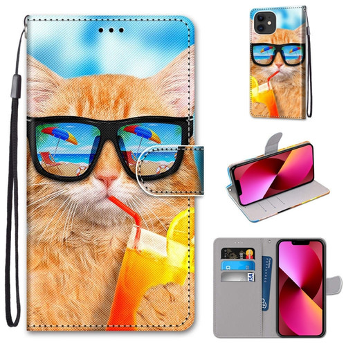 iPhone 13 Coloured Drawing Cross Texture Horizontal Flip PU Leather Case with Holder & Card Slots & Wallet & Lanyard - Cat Drinking Soda