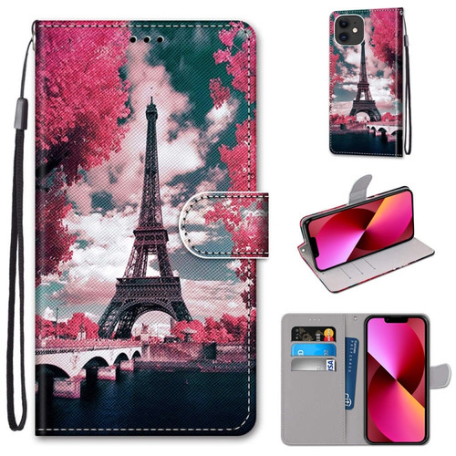 iPhone 13 Coloured Drawing Cross Texture Horizontal Flip PU Leather Case with Holder & Card Slots & Wallet & Lanyard - Pink Flower Tower Bridge