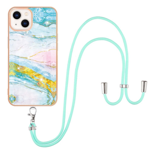 iPhone 13 Electroplating Marble Pattern IMD TPU Shockproof Case with Neck Lanyard - Green 004