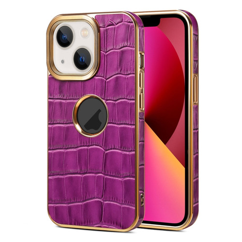 iPhone 13 Denior Crocodile Texture Genuine Leather Electroplating Phone Case - Purple