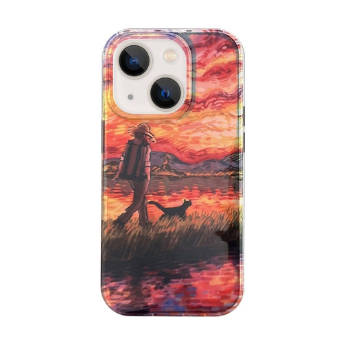 iPhone 13 Dual-sided Lamination Oil Painting IMD Phone Case - Old Man and Dog