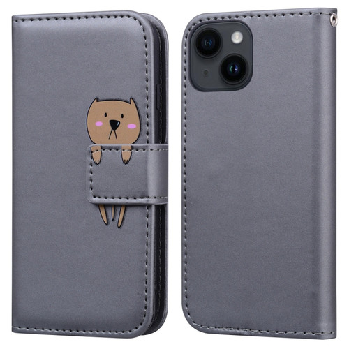 iPhone 13 Cartoon Buckle Horizontal Flip Leather Phone Case - Grey