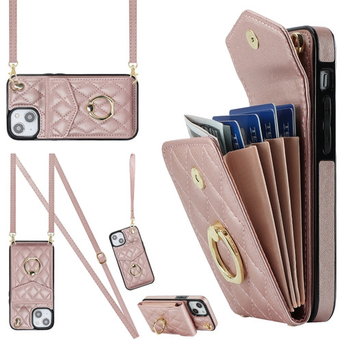 iPhone 13 Rhombic Texture Card Bag Phone Case with Long Lanyard - Rose Gold