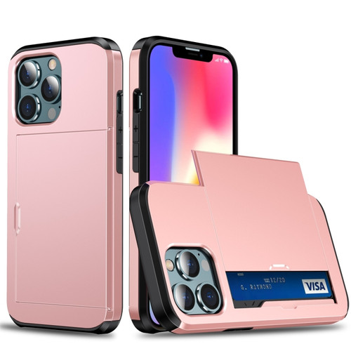 iPhone 13 Shockproof Armor Protective Case with Slide Card Slot - Rose Gold