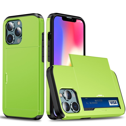 iPhone 13 Shockproof Armor Protective Case with Slide Card Slot - Green