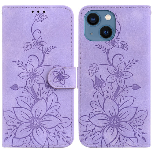 iPhone 13 Lily Embossed Leather Phone Case - Purple