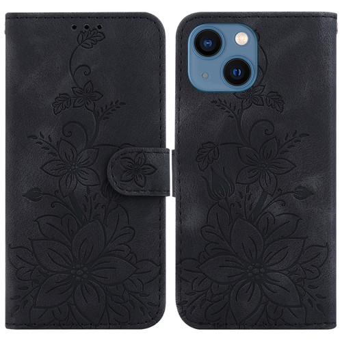 iPhone 13 Lily Embossed Leather Phone Case - Black