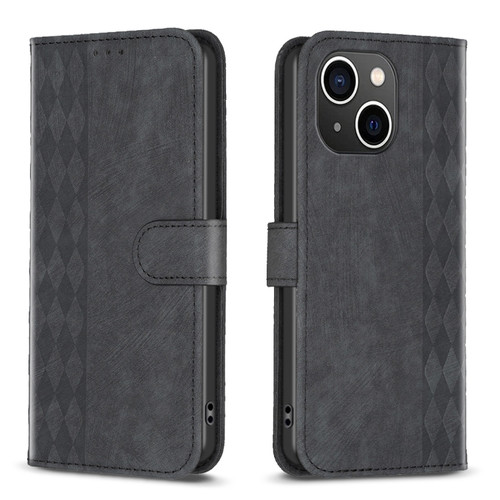 iPhone 13 Plaid Embossed Leather Phone Case - Black