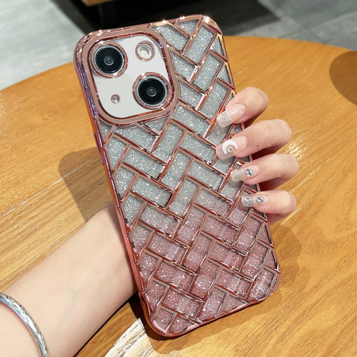 iPhone 13 Woven Grid 3D Electroplating Laser Engraving Glitter Paper Phone Case - Rose Gold