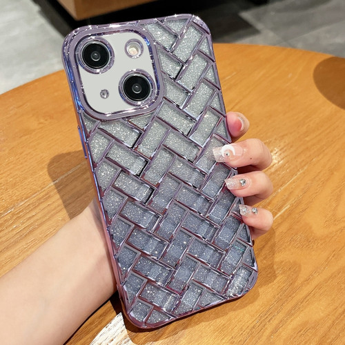 iPhone 13 Woven Grid 3D Electroplating Laser Engraving Glitter Paper Phone Case - Purple