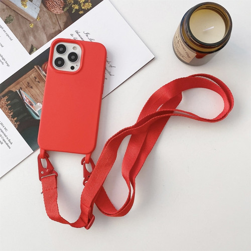 iPhone 13 Elastic Silicone Protective Case with Wide Neck Lanyard - Red