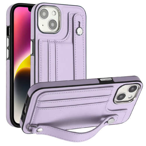 iPhone 13 Shockproof Leather Phone Case with Wrist Strap - Purple