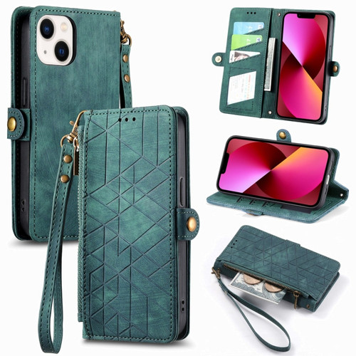 iPhone 13 Geometric Zipper Wallet Side Buckle Leather Phone Case - Green