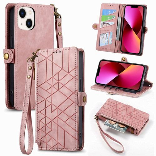 iPhone 13 Geometric Zipper Wallet Side Buckle Leather Phone Case - Pink