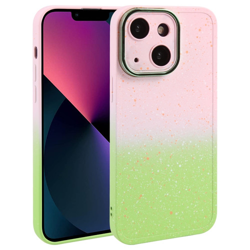 iPhone 13 Gradient Starry Silicone Phone Case with Lens Film - Pink Green