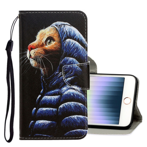 iPhone SE 2022 / SE 2020 / 8 / 7 3D Colored Drawing Horizontal Flip PU Leather Case with Holder & Card Slots & Wallet - Down Jacket Cat