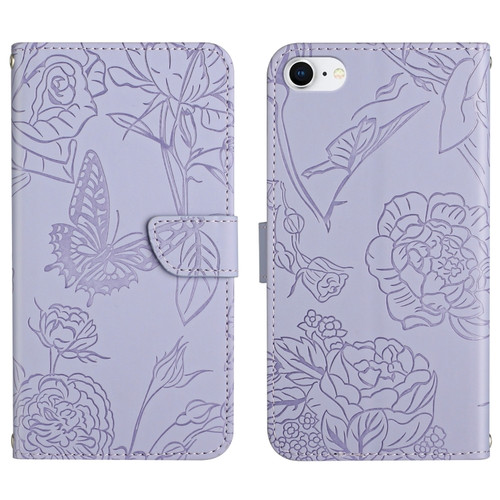 iPhone SE 2022 / SE 2020 / 8 / 7 Skin Feel Butterfly Peony Embossed Leather Phone Case - Purple