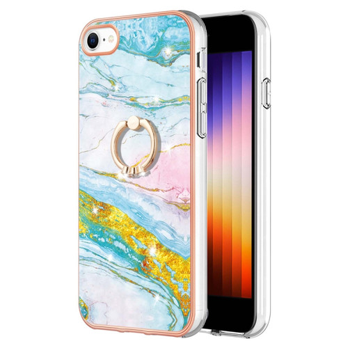 iPhone SE 2022 / SE 2020 / 8 / 7 Electroplating Marble Pattern TPU Phone Case with Ring - Green 004