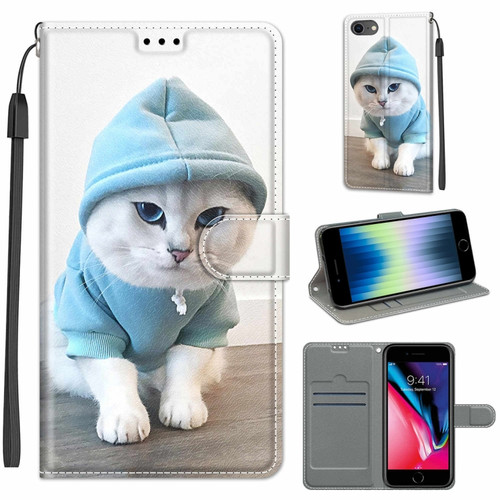 iPhone SE 2022 / SE 2020 / 8 / 7 Voltage Colored Drawing Magnetic Clasp Horizontal Flip PU Leather Case with Holder & Card Slots - C15 Blue Sweater White Cat