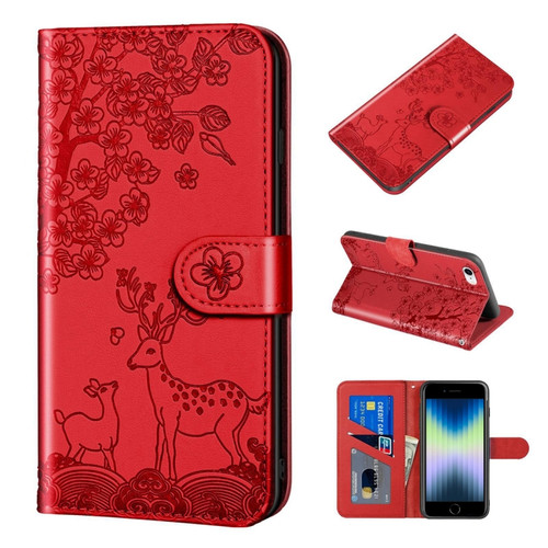 iPhone SE 2022 / SE 2020 / 8 / 7 Sika Deer Embossing Pattern Horizontal Flip PU Leather Case with Holder & Card Slot & Wallet & Photo Frame - Red