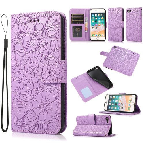 iPhone SE 2022 / SE 2020 / 7 / 8 Skin Feel Embossed Sunflower Horizontal Flip Leather Case with Holder & Card Slots & Wallet & Lanyard - Purple