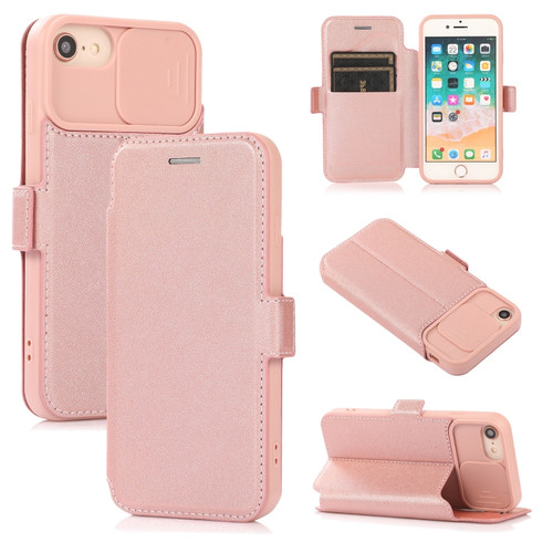 iPhone SE 2022 / SE 2020 / 8 / 7 Push Window Double Buckle PU + Silicone Horizontal Flip Leather Case with Holder & Card Slot - Rose Gold