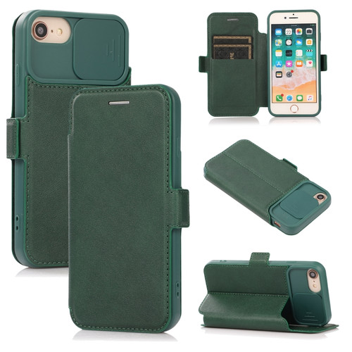 iPhone SE 2022 / SE 2020 / 8 / 7 Push Window Double Buckle PU + Silicone Horizontal Flip Leather Case with Holder & Card Slot - Green