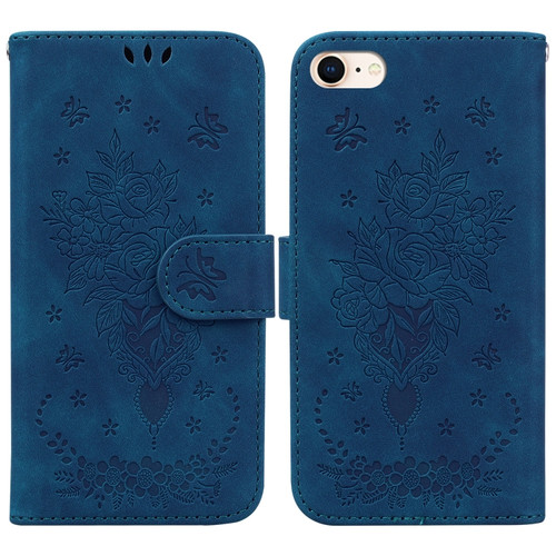 iPhone SE 2022 / SE 2020 / 8 / 7 Butterfly Rose Embossed Leather Phone Case - Blue