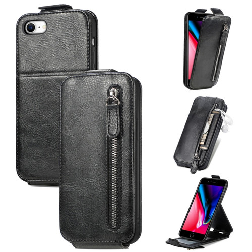 iPhone SE 2022 / SE 2020 / 8 / 7 Zipper Wallet Vertical Flip Leather Phone Case - Black