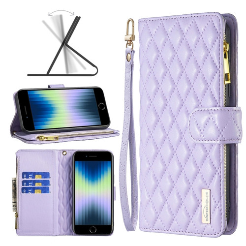 iPhone SE 2022 / SE 2020 / 8 / 7 Diamond Lattice Zipper Wallet Leather Flip Phone Case - Purple