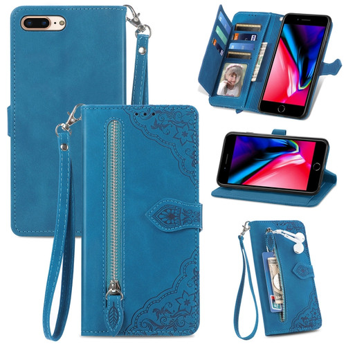 iPhone SE 2022 / SE 2020 / 8 / 7 Embossed Flower Shockproof Leather Phone Case - Blue