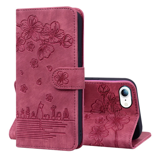 iPhone SE 2022 / SE 2020 / 8 / 7 Cartoon Sakura Cat Embossed Leather Case - Wine Red