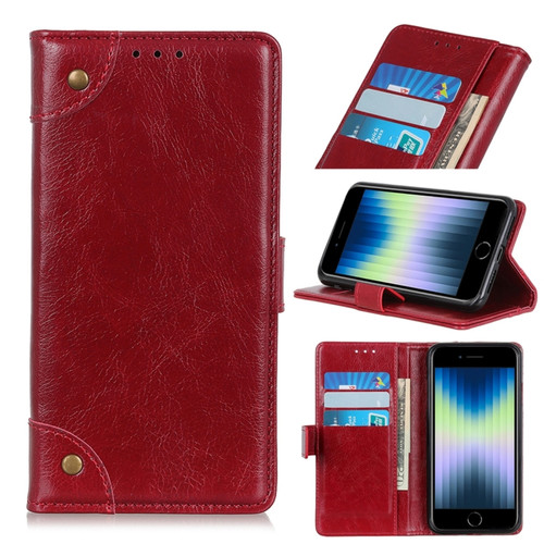 iPhone SE 2022 / SE 2020 Copper Buckle Nappa Texture Horizontal Flip Leather Case with Holder & Card Slots & Wallet - Wine Red